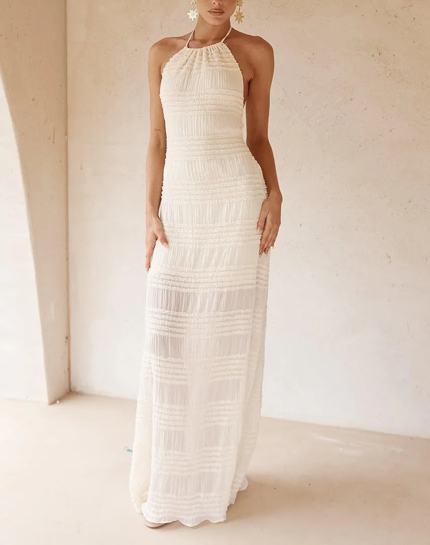 Women Halter Flowy Vacation Long Dress Sexy Sheer Ruched Backless Dress Y2k Sleeveless Beach Tiered Maxi Sundresses