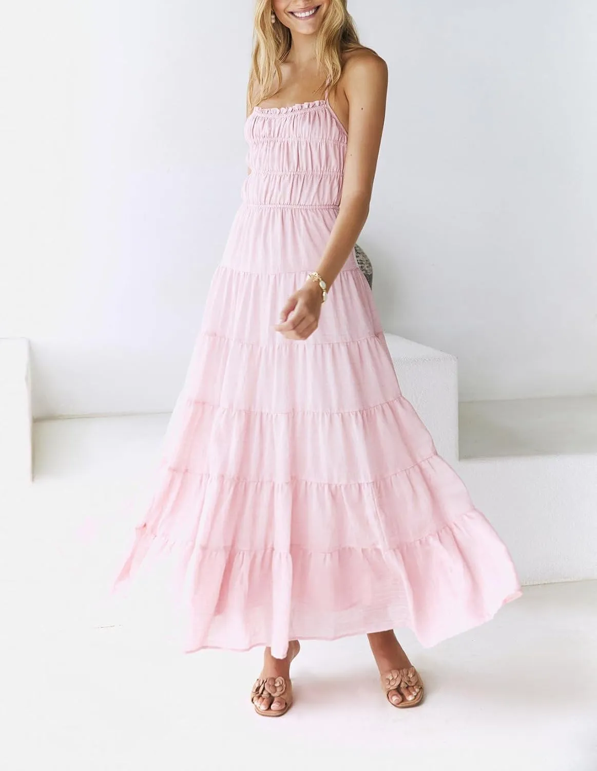 Women Halter Flowy Vacation Long Dress Sexy Sheer Ruched Backless Dress Y2k Sleeveless Beach Tiered Maxi Sundresses