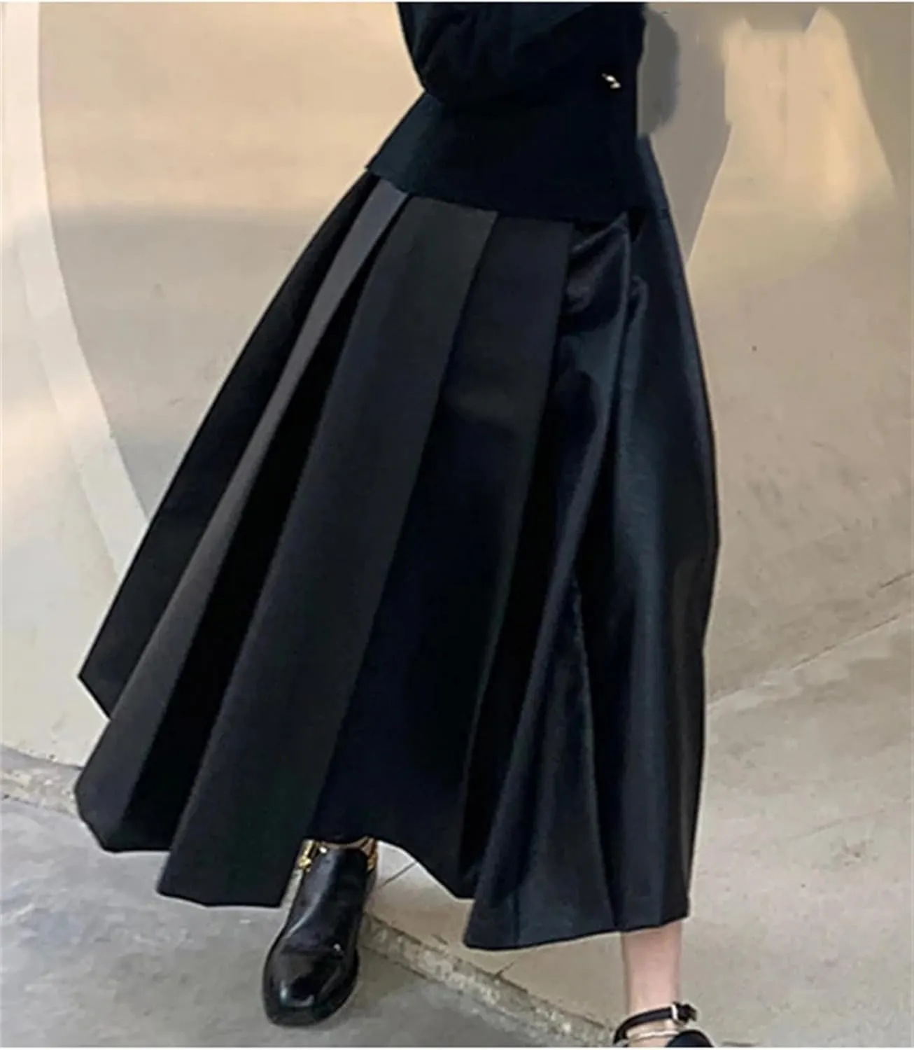Women High Waisted Pleated Skirts Black Soft Faux Leather Midi Skirt A Line Long Skirts