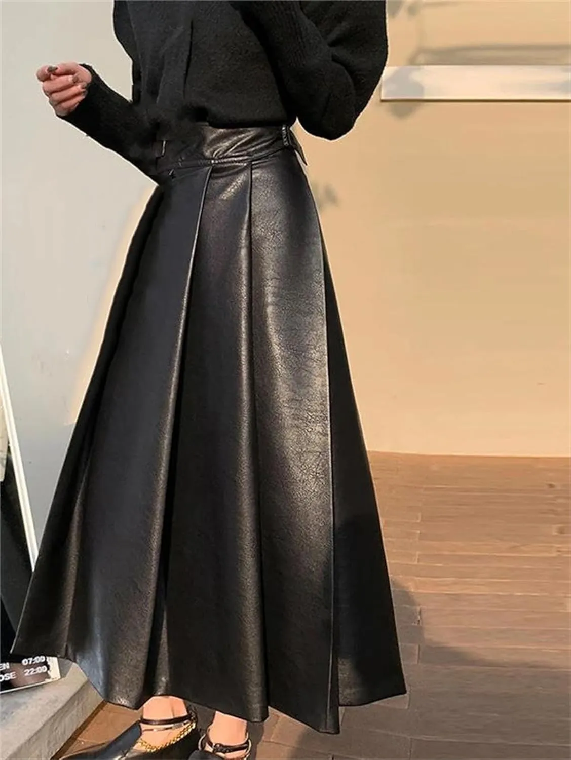 Women High Waisted Pleated Skirts Black Soft Faux Leather Midi Skirt A Line Long Skirts
