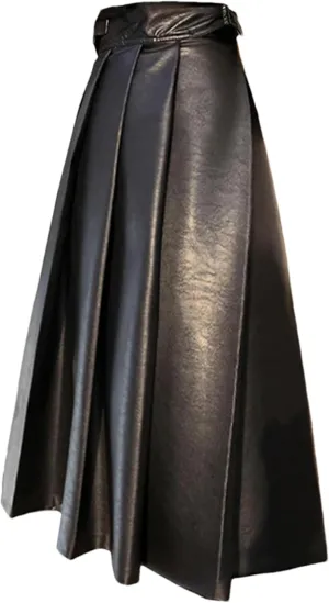 Women High Waisted Pleated Skirts Black Soft Faux Leather Midi Skirt A Line Long Skirts