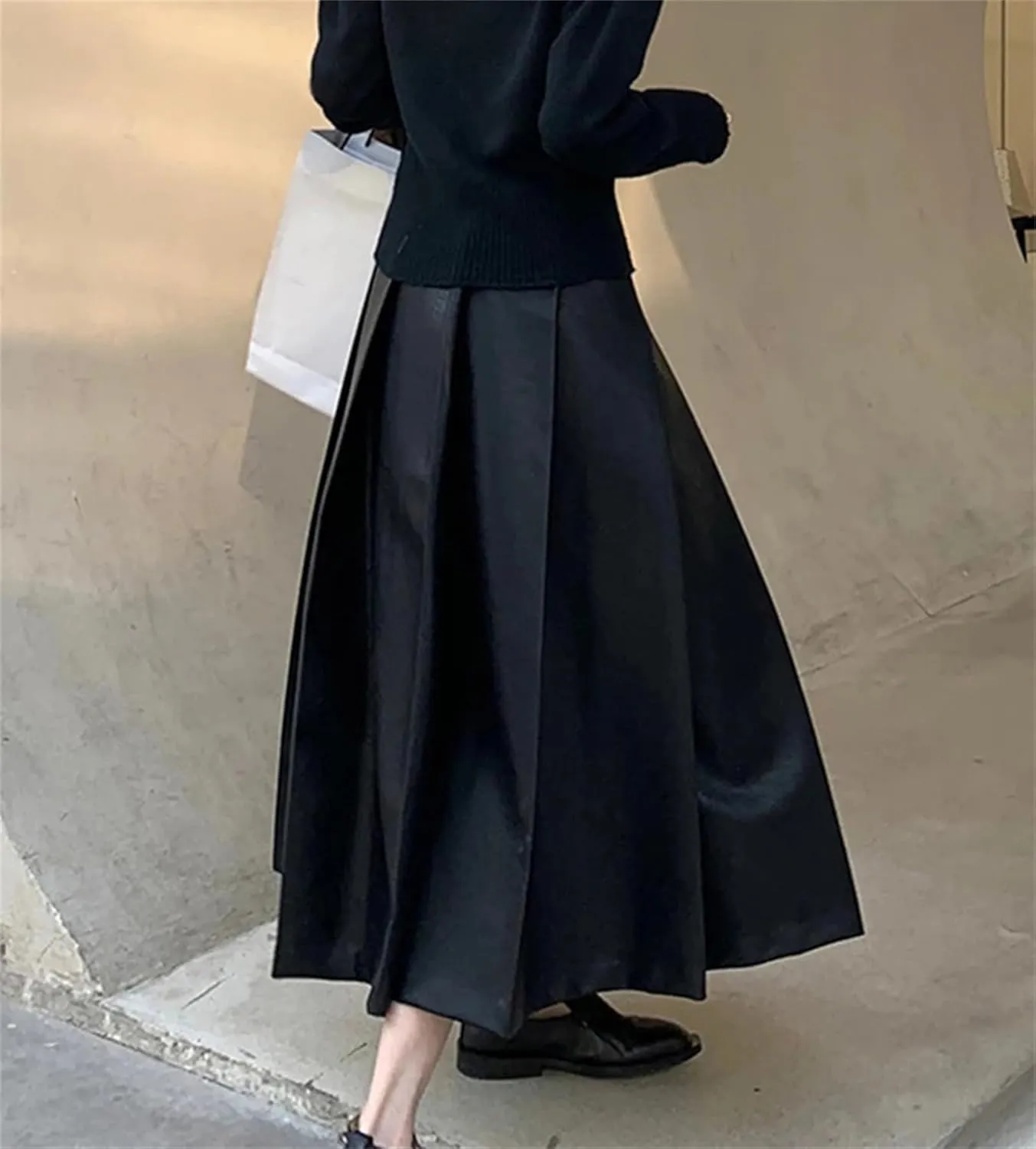 Women High Waisted Pleated Skirts Black Soft Faux Leather Midi Skirt A Line Long Skirts