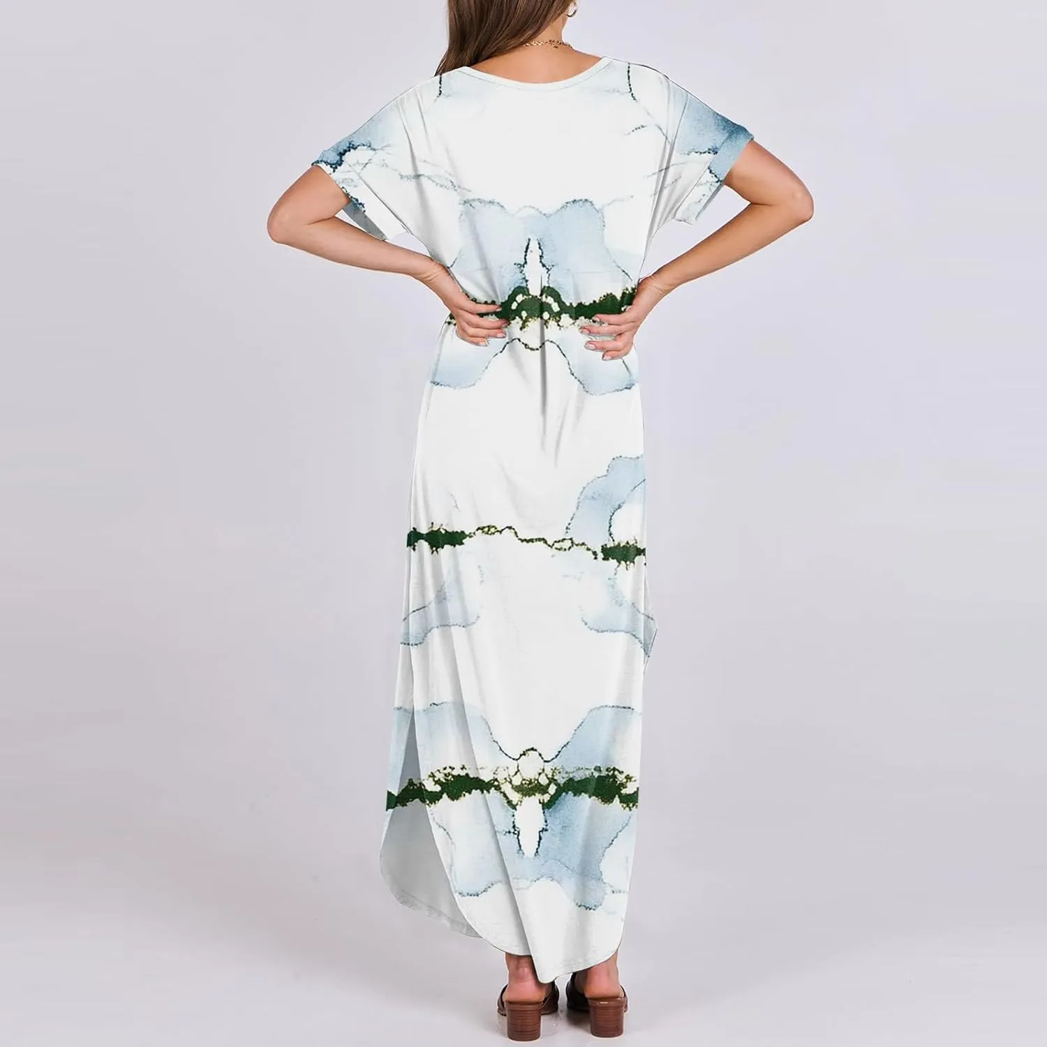 Women Maxi Dresses Summer Short Sleeve Crewneck Split Hem T Shirt Dress with Pocket Solid Vacation Party Dresses
