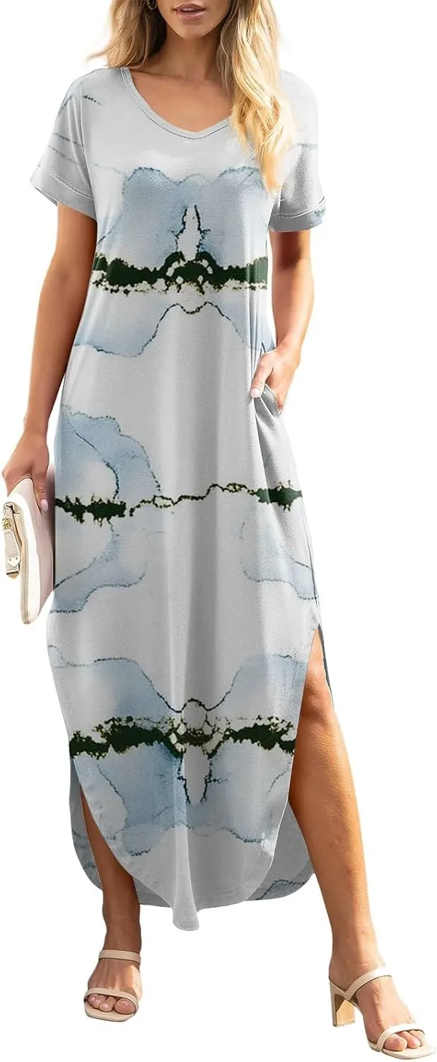 Women Maxi Dresses Summer Short Sleeve Crewneck Split Hem T Shirt Dress with Pocket Solid Vacation Party Dresses