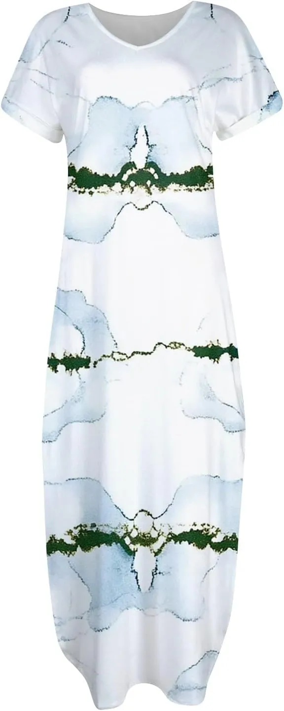 Women Maxi Dresses Summer Short Sleeve Crewneck Split Hem T Shirt Dress with Pocket Solid Vacation Party Dresses