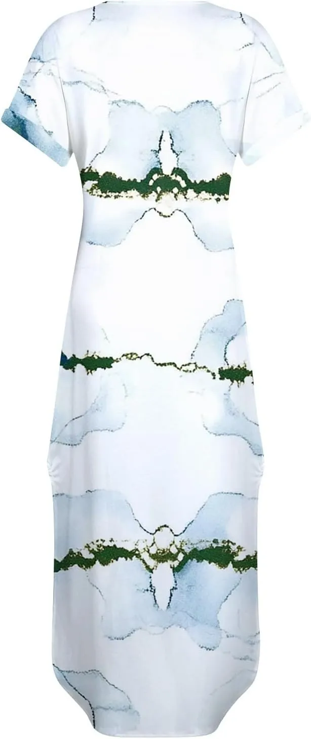 Women Maxi Dresses Summer Short Sleeve Crewneck Split Hem T Shirt Dress with Pocket Solid Vacation Party Dresses