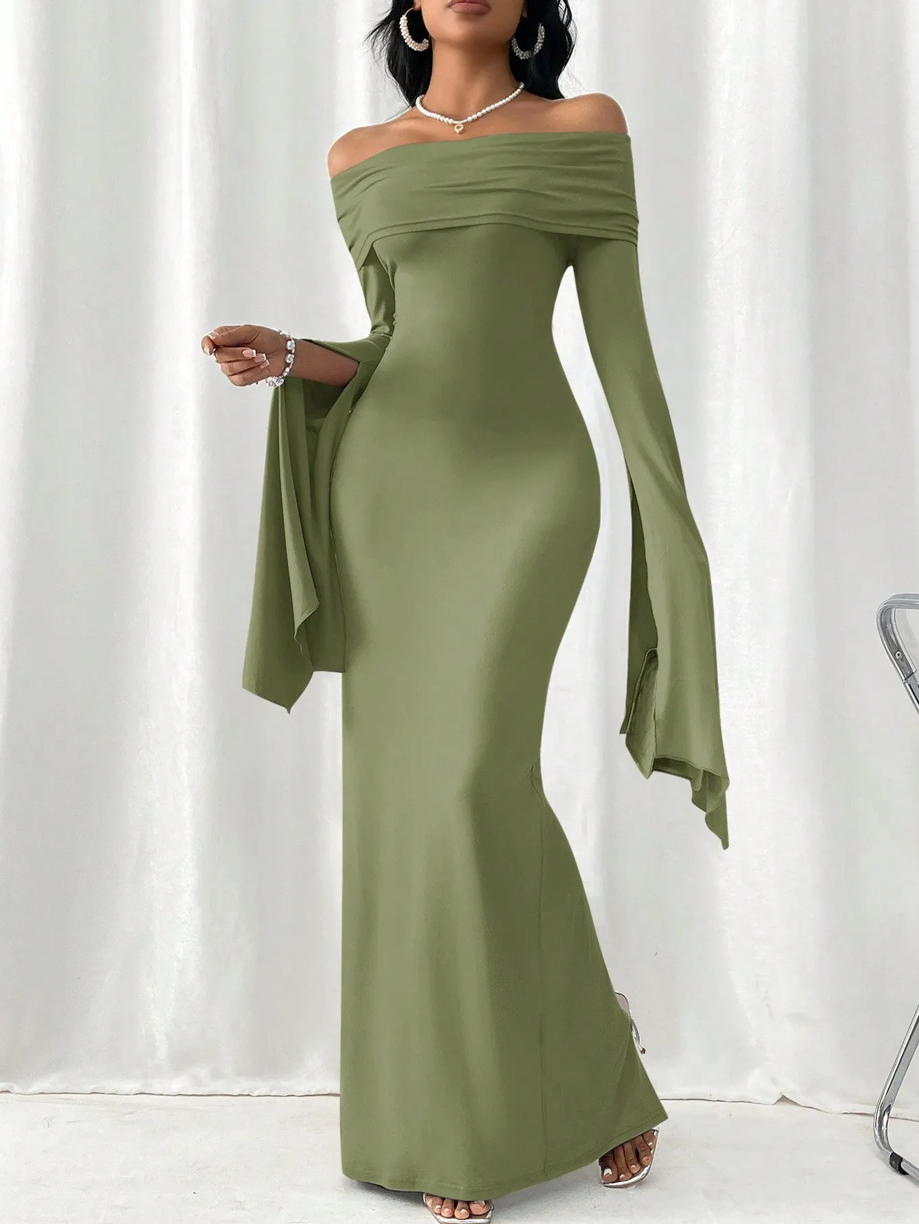 Women Off-Shoulder Bodycon Dress With Collar, Long