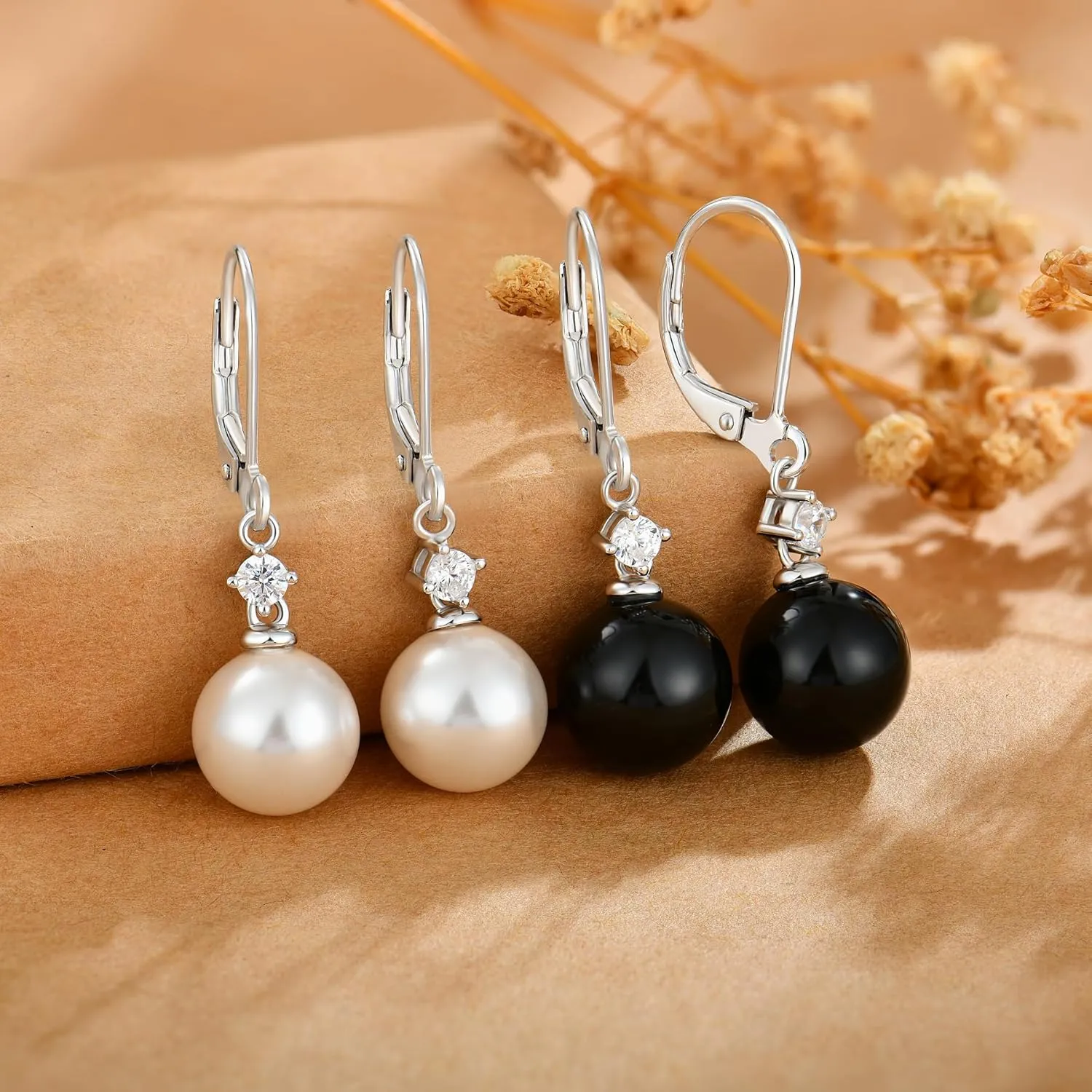 Women Pearl Earrings 925 Sterling Silver Leverback Dangle Drop Earrings 5A Cubic Zirconia Dainty Pearl Jewelry Valentine's Day Anniversary Mother's Day Birthday Gifts for Her