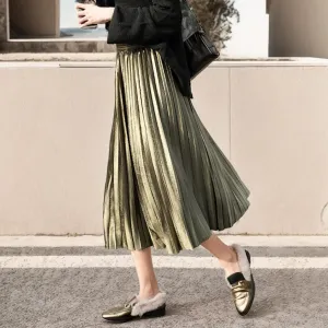Women Pleated Velvet Skirts Elastic High Waist A Line Midi Skirts Casual Flowy Swing Holiday Party Long Skirts
