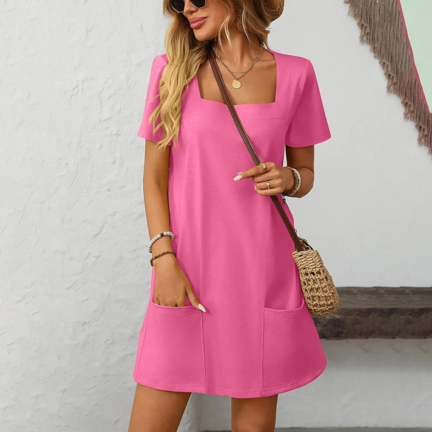 Women Solid Color Dress Casual Summer Square Neck Short Sleeve Mini Dresses with Pockets Fashion Outfits
