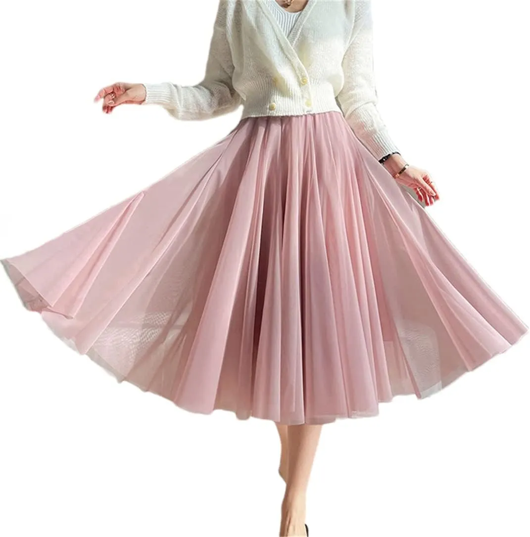Women Solid Color Midi Long Tulle Skirt Bohemian Party Pleated Skirts