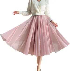 Women Solid Color Midi Long Tulle Skirt Bohemian Party Pleated Skirts