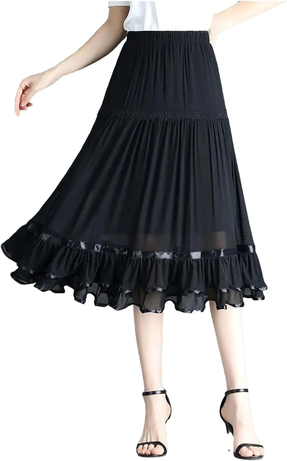 Women Vintage Elegant Mesh Midi Skirt Lady Office High Waist Skirts Women Spring Summer Slim Pleated Skirts