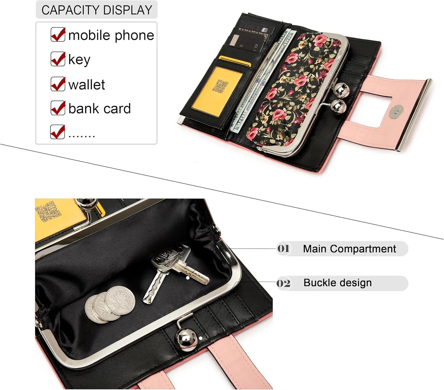 Women Wallet Leather Large Capacity Women's Handbag Large Capacity Long Wallet, with 10-card slots and clips