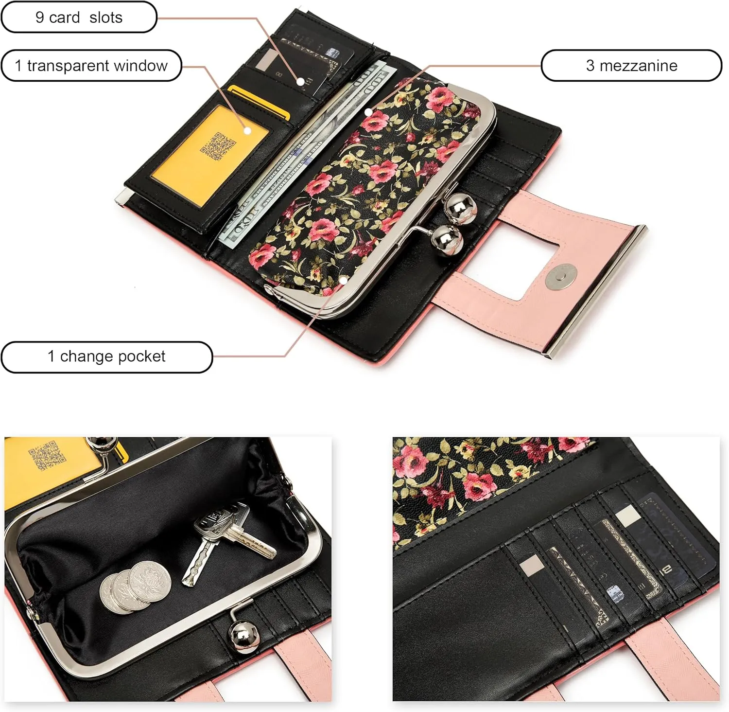 Women Wallet Leather Large Capacity Women's Handbag Large Capacity Long Wallet, with 10-card slots and clips