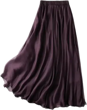 Women's 100% Mulberry Silk Solid Long Skirt with Double Lining Summer Beach Big Hem Skirts