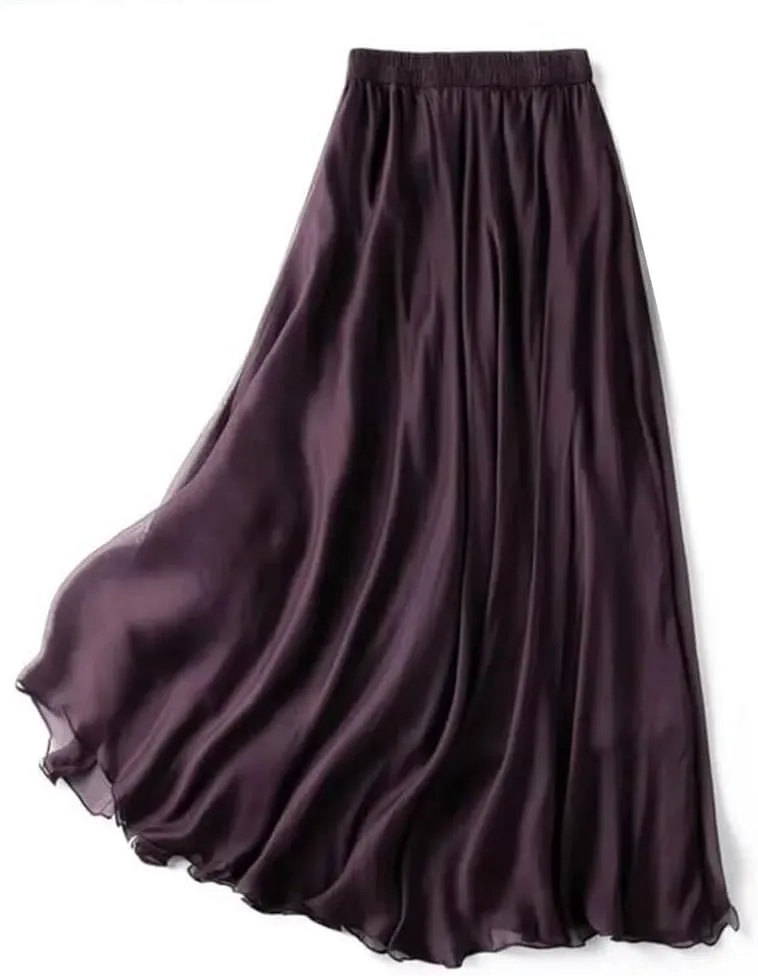 Women's 100% Mulberry Silk Solid Long Skirt with Double Lining Summer Beach Big Hem Skirts