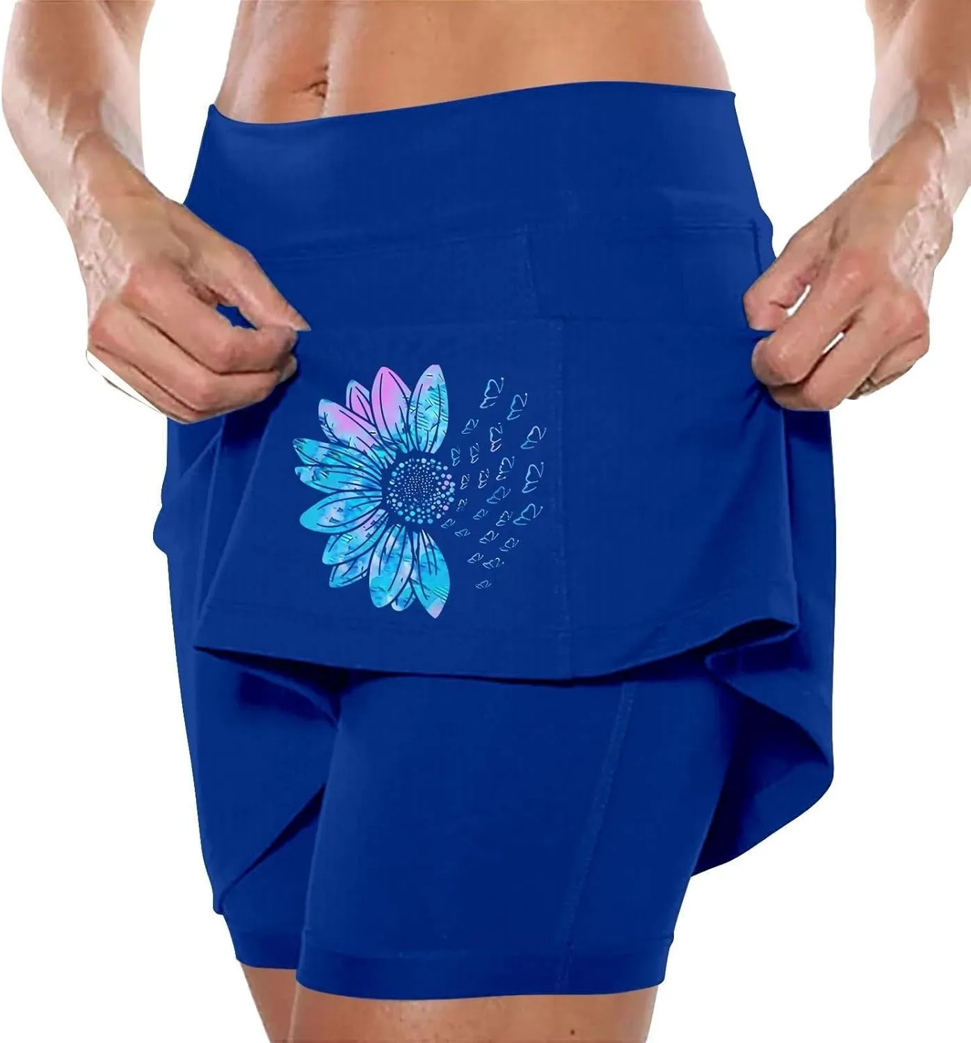 Women's 2 in 1 Athletic Skorts Daisy Printing Breathable Tennis Skirt Shorts Stretchy Workout Running Sport Shorts