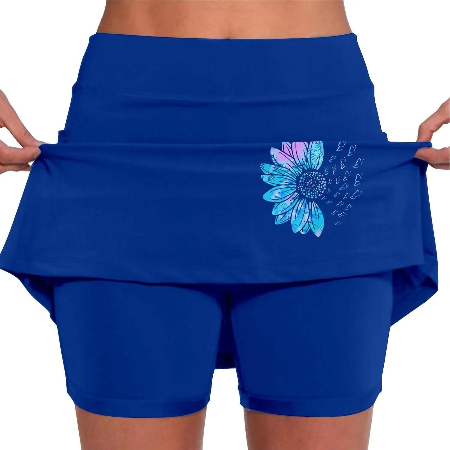 Women's 2 in 1 Athletic Skorts Daisy Printing Breathable Tennis Skirt Shorts Stretchy Workout Running Sport Shorts