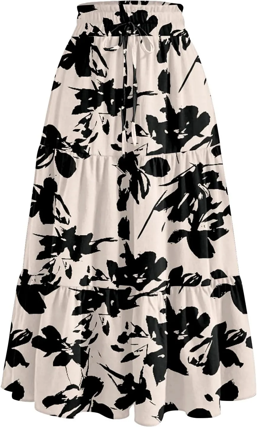 Women's 2025 Bohemian Summer Skirts High Waist Pleated A Line Flowy Midi Skirts with Pocket, S-2XL
