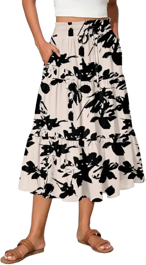 Women's 2025 Bohemian Summer Skirts High Waist Pleated A Line Flowy Midi Skirts with Pocket, S-2XL