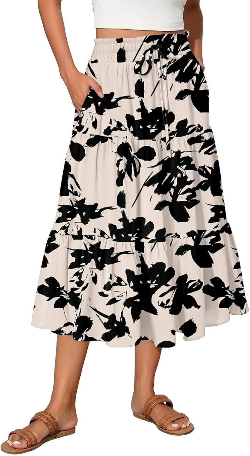 Women's 2025 Bohemian Summer Skirts High Waist Pleated A Line Flowy Midi Skirts with Pocket, S-2XL