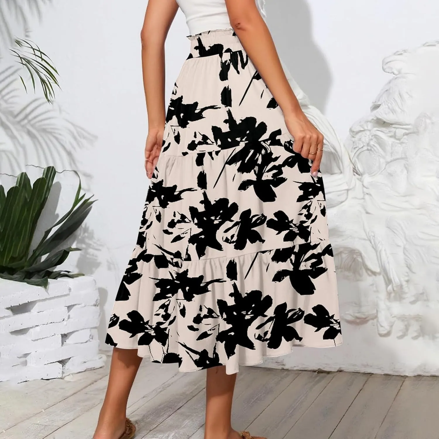 Women's 2025 Bohemian Summer Skirts High Waist Pleated A Line Flowy Midi Skirts with Pocket, S-2XL