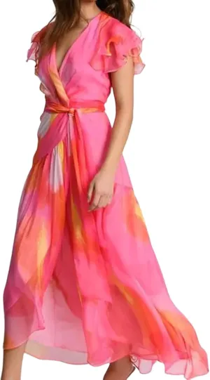 Women's 2025 Summer Romantic Pink V-Neck Short Sleeve Print Tied Waist Maxi Dress Elegant Vacation Travel Flowy Dresses