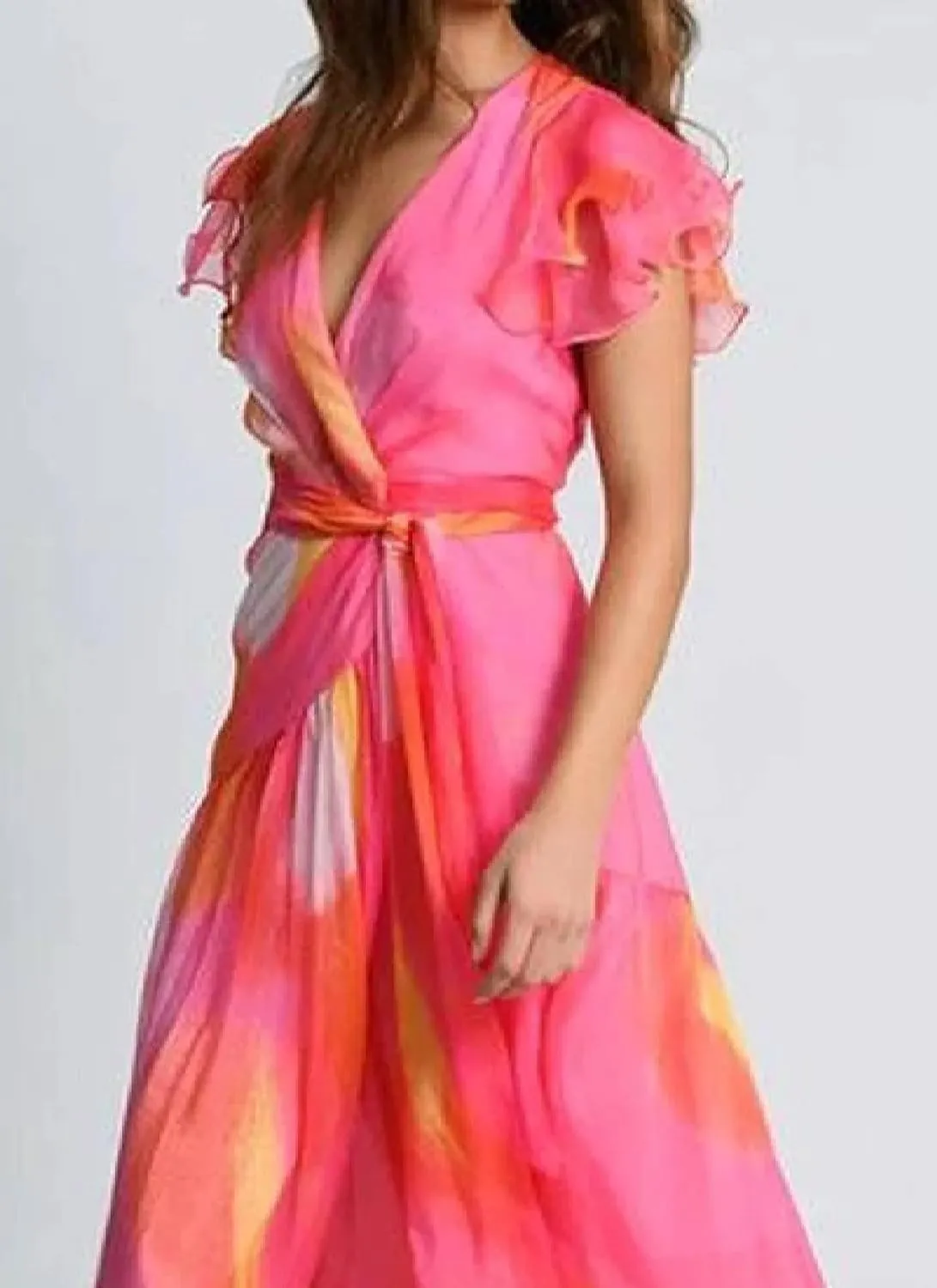 Women's 2025 Summer Romantic Pink V-Neck Short Sleeve Print Tied Waist Maxi Dress Elegant Vacation Travel Flowy Dresses
