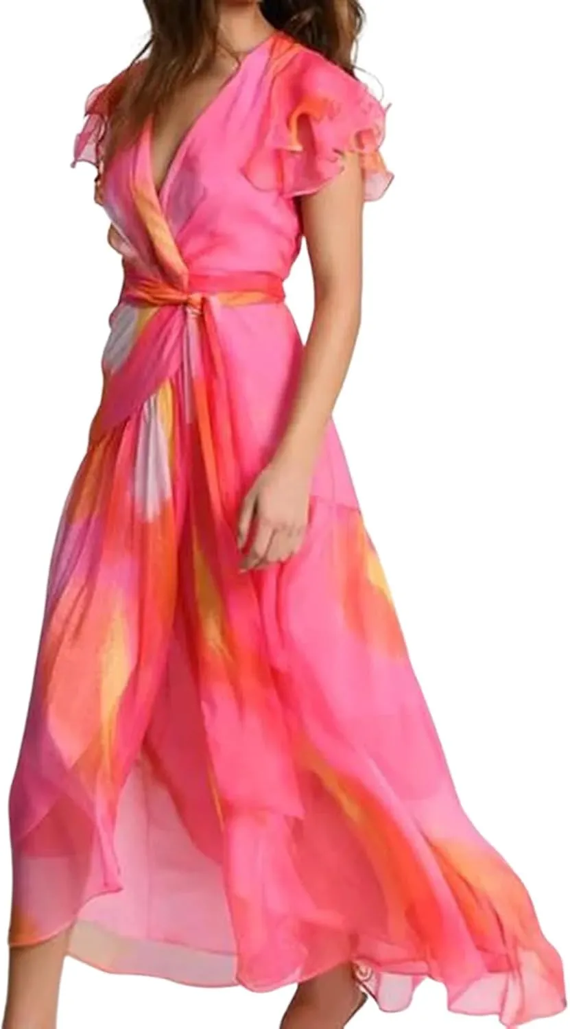 Women's 2025 Summer Romantic Pink V-Neck Short Sleeve Print Tied Waist Maxi Dress Elegant Vacation Travel Flowy Dresses
