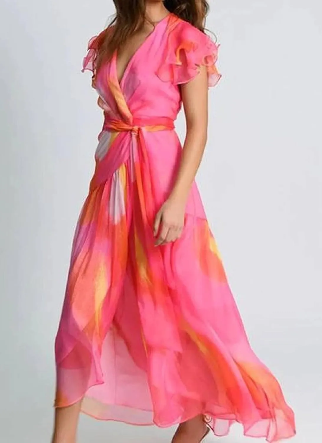 Women's 2025 Summer Romantic Pink V-Neck Short Sleeve Print Tied Waist Maxi Dress Elegant Vacation Travel Flowy Dresses