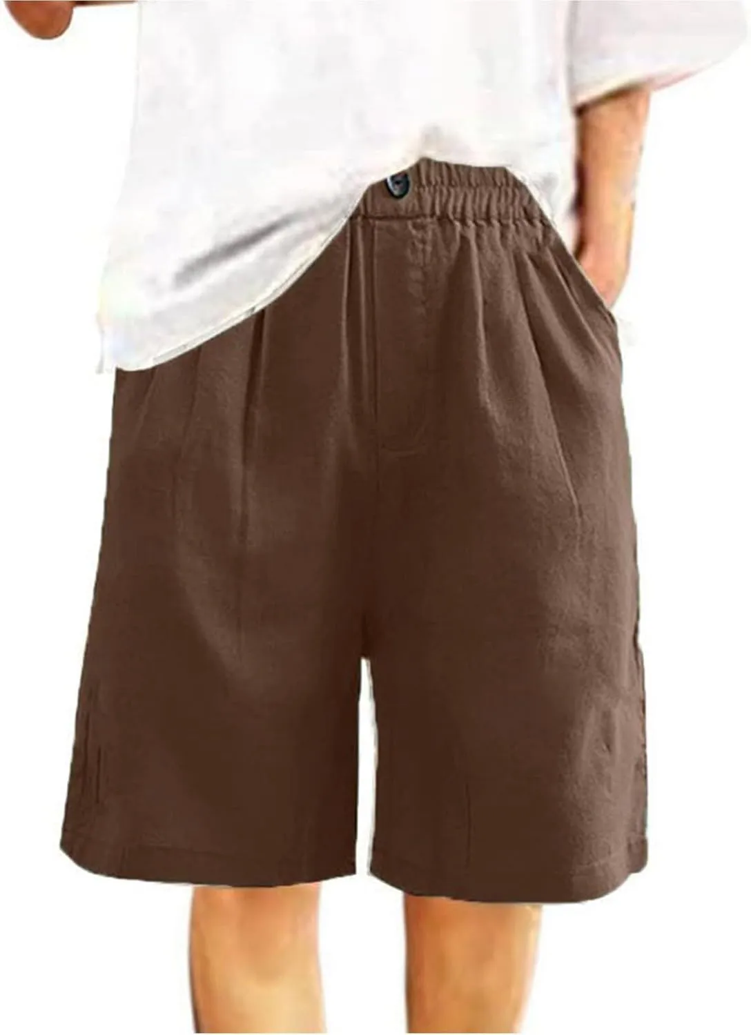 Womens Bermuda Shorts Knee Length High Waisted Wide Leg Linen Shorts Summer Cozy Loose Beach Long Short with Pockets