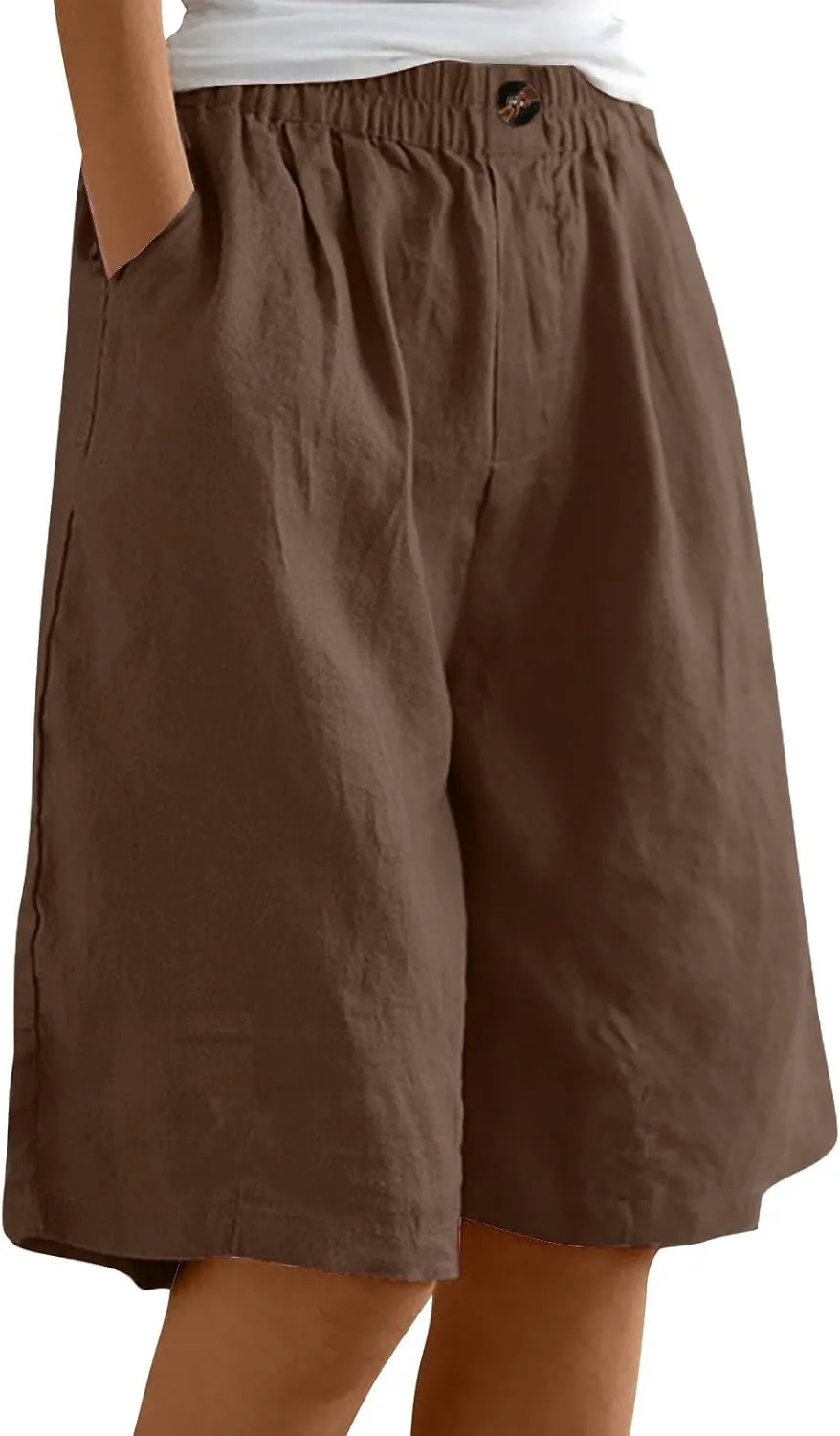 Womens Bermuda Shorts Knee Length High Waisted Wide Leg Linen Shorts Summer Cozy Loose Beach Long Short with Pockets
