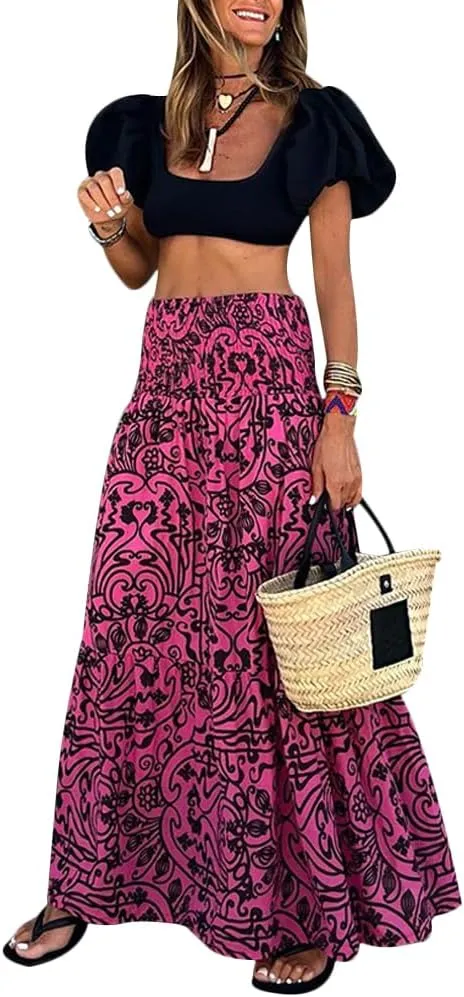 Women's Bohemian Floral Printed Long Skirt Beach Vacation Casual Printed Half Length Skirt