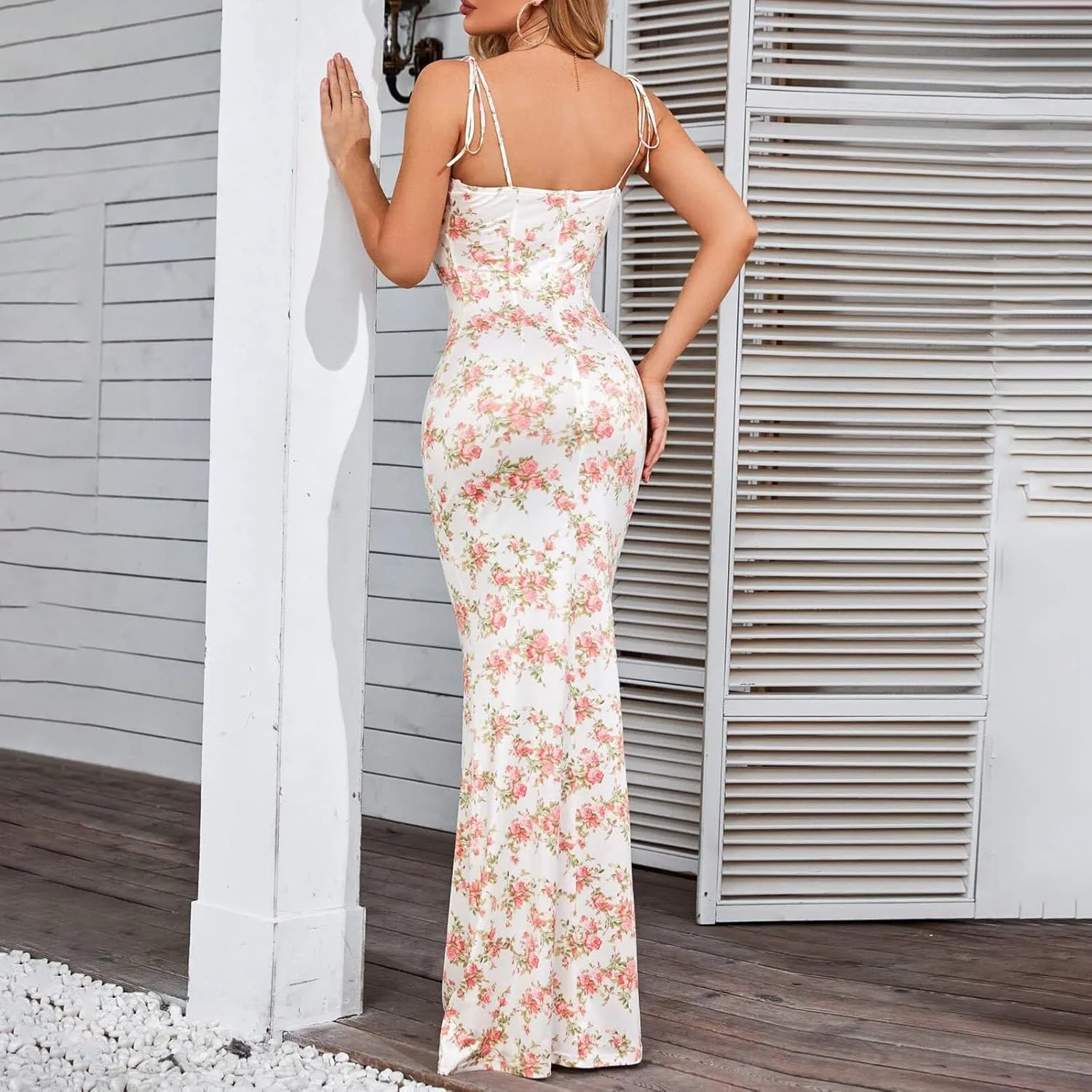 Womens Boho Bodycon Floral Maxi Dress Summer Spaghetti Strap Low Cut Cami Dress Sleeveless Sexy Backless Long Dresses