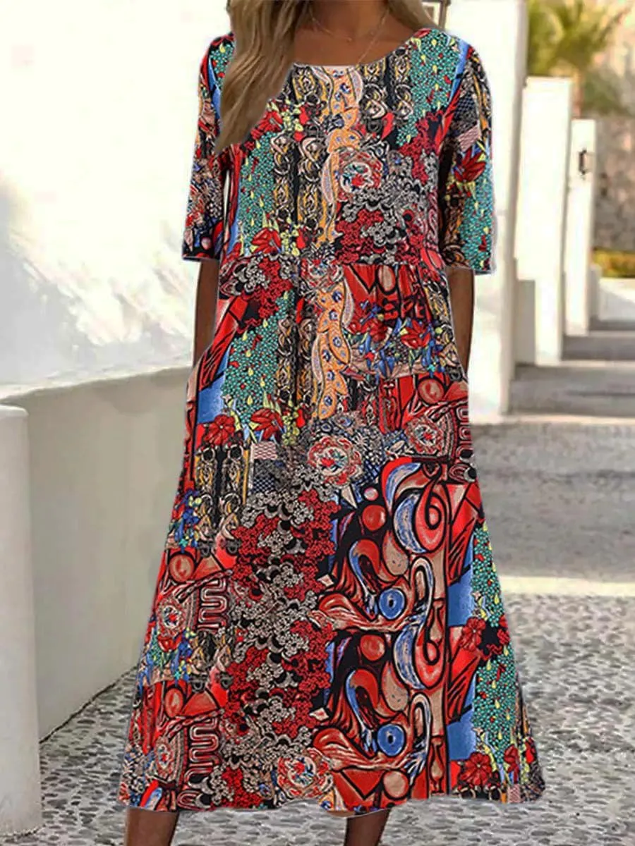 Women's Boho Floral Flowy A Line Midi Dress Loose Summer Casual Short Sleeve Beach Vacation Dresses with Pockets