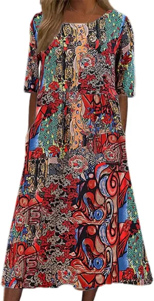 Women's Boho Floral Flowy A Line Midi Dress Loose Summer Casual Short Sleeve Beach Vacation Dresses with Pockets