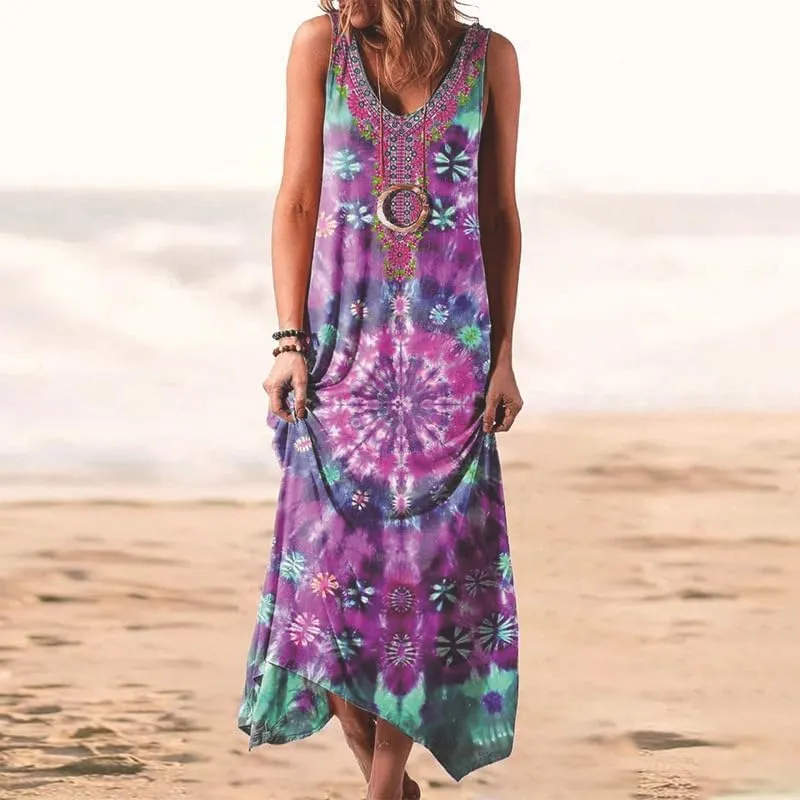 Women's Boho Floral Maxi Sundress Casual Loose Summer Sleeveless Flowy Beach Vacation Tank Dresses Plus Size