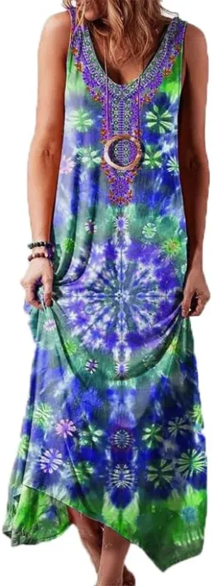 Women's Boho Floral Maxi Sundress Casual Loose Summer Sleeveless Flowy Beach Vacation Tank Dresses Plus Size
