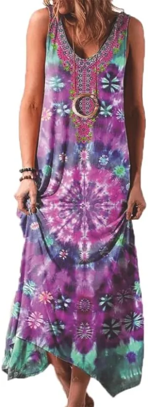 Women's Boho Floral Maxi Sundress Casual Loose Summer Sleeveless Flowy Beach Vacation Tank Dresses Plus Size