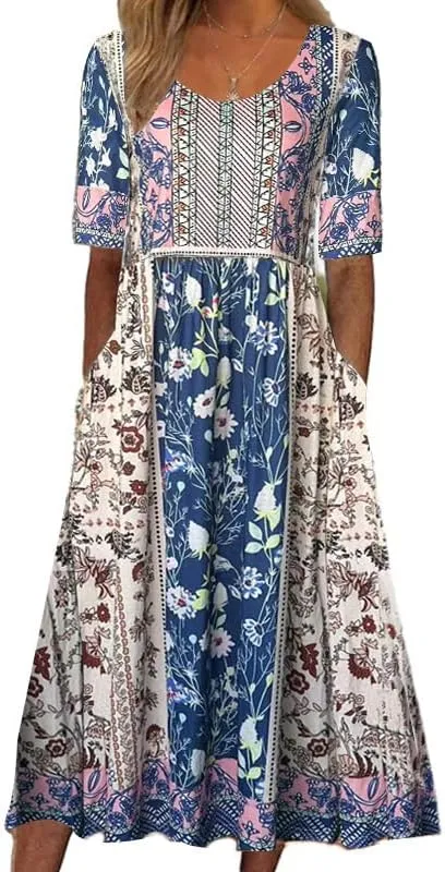 Womens Boho Floral Midi Tshirt Dress Casual Summer Loose Short Sleeve Beach Vacation Dress with Pockets
