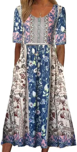 Womens Boho Floral Midi Tshirt Dress Casual Summer Loose Short Sleeve Beach Vacation Dress with Pockets