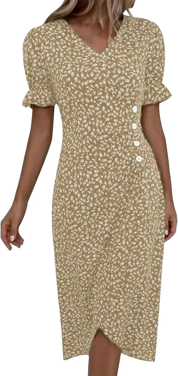 Womens Button Down Summer Dress 2025 Spring Flutter Sleeve Cotton Linen Dress with Pockets Beach A Line Casual Dress