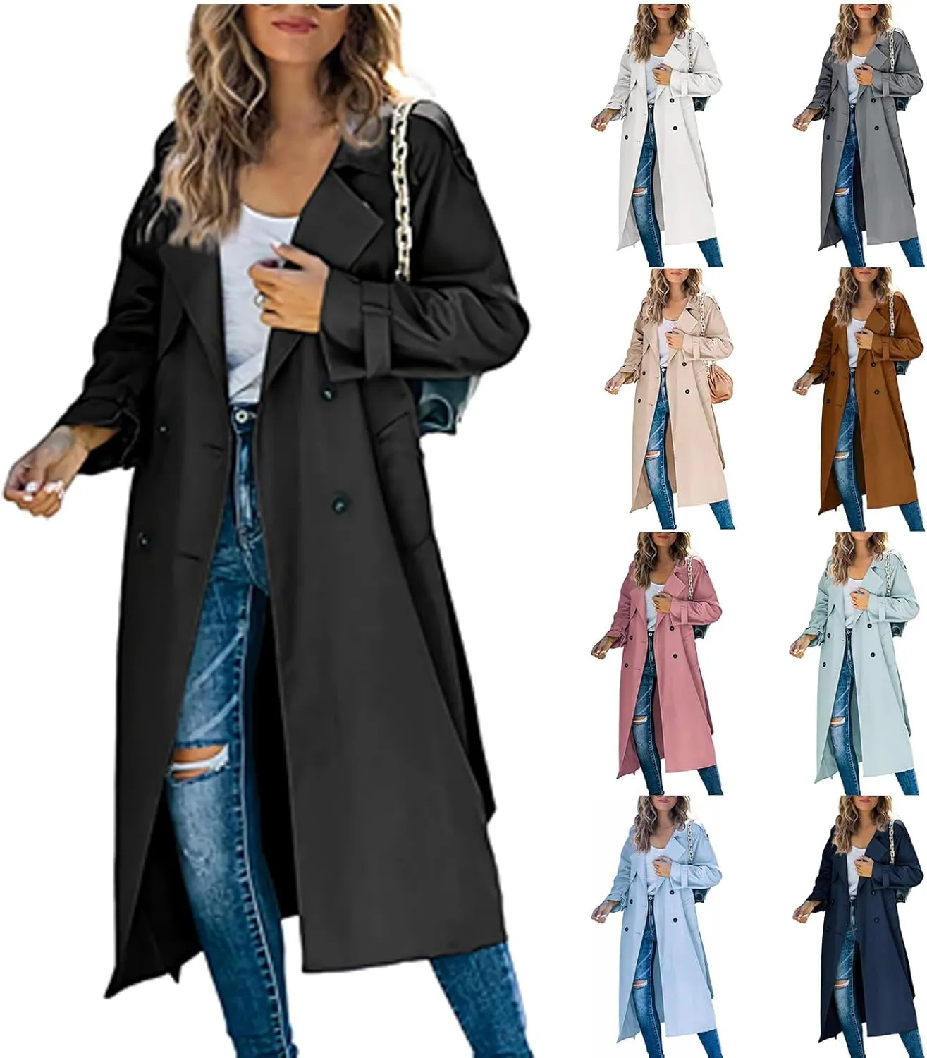 Women's Chic Pea Coats Notched Lapel Double Breasted Trench Coats Lightweight Long Sleeve Cardigan Work Office Jackets