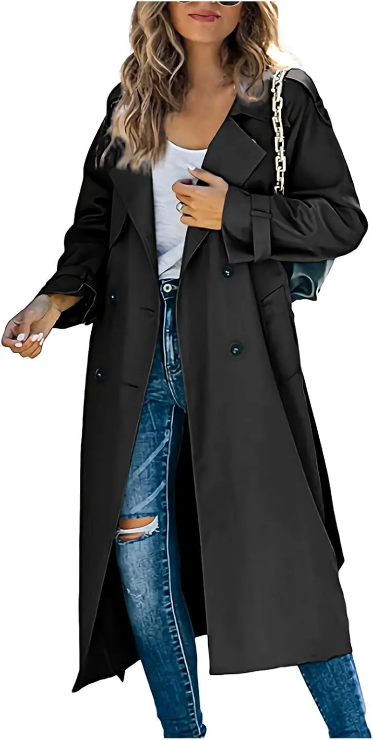 Women's Chic Pea Coats Notched Lapel Double Breasted Trench Coats Lightweight Long Sleeve Cardigan Work Office Jackets
