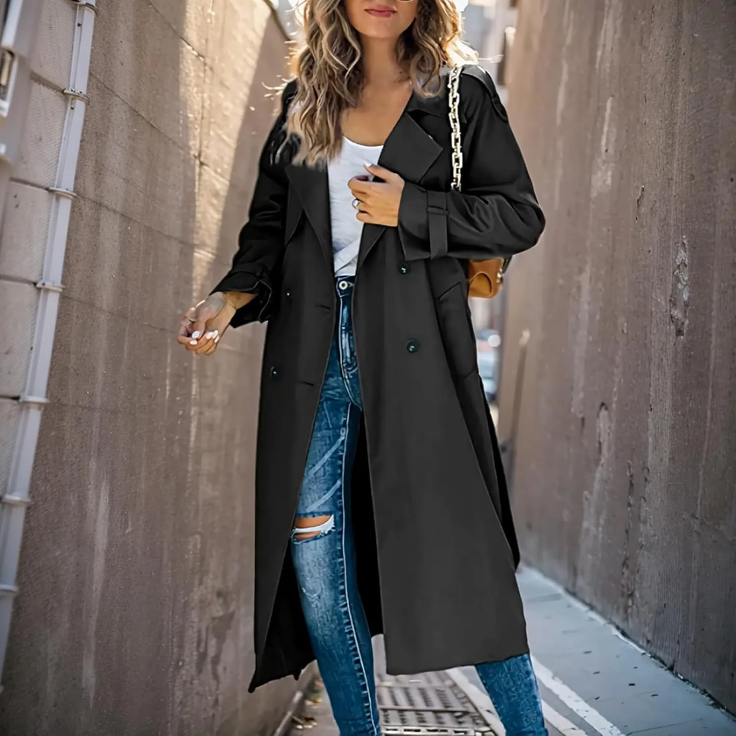 Women's Chic Pea Coats Notched Lapel Double Breasted Trench Coats Lightweight Long Sleeve Cardigan Work Office Jackets