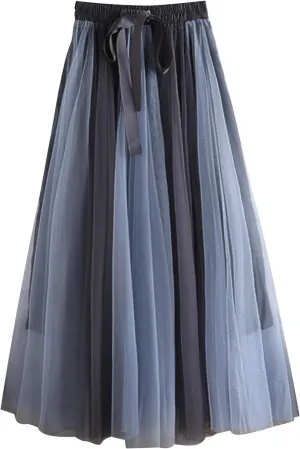 Women's Color Block Tulle Skirt Formal Pleated Flowy Midi Length Elastic Waist Tutu Layered Puffy Bow Fairy Skirts