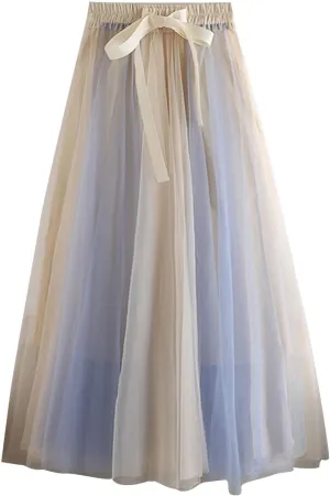 Women's Color Block Tulle Skirt Formal Pleated Flowy Midi Length Elastic Waist Tutu Layered Puffy Bow Fairy Skirts
