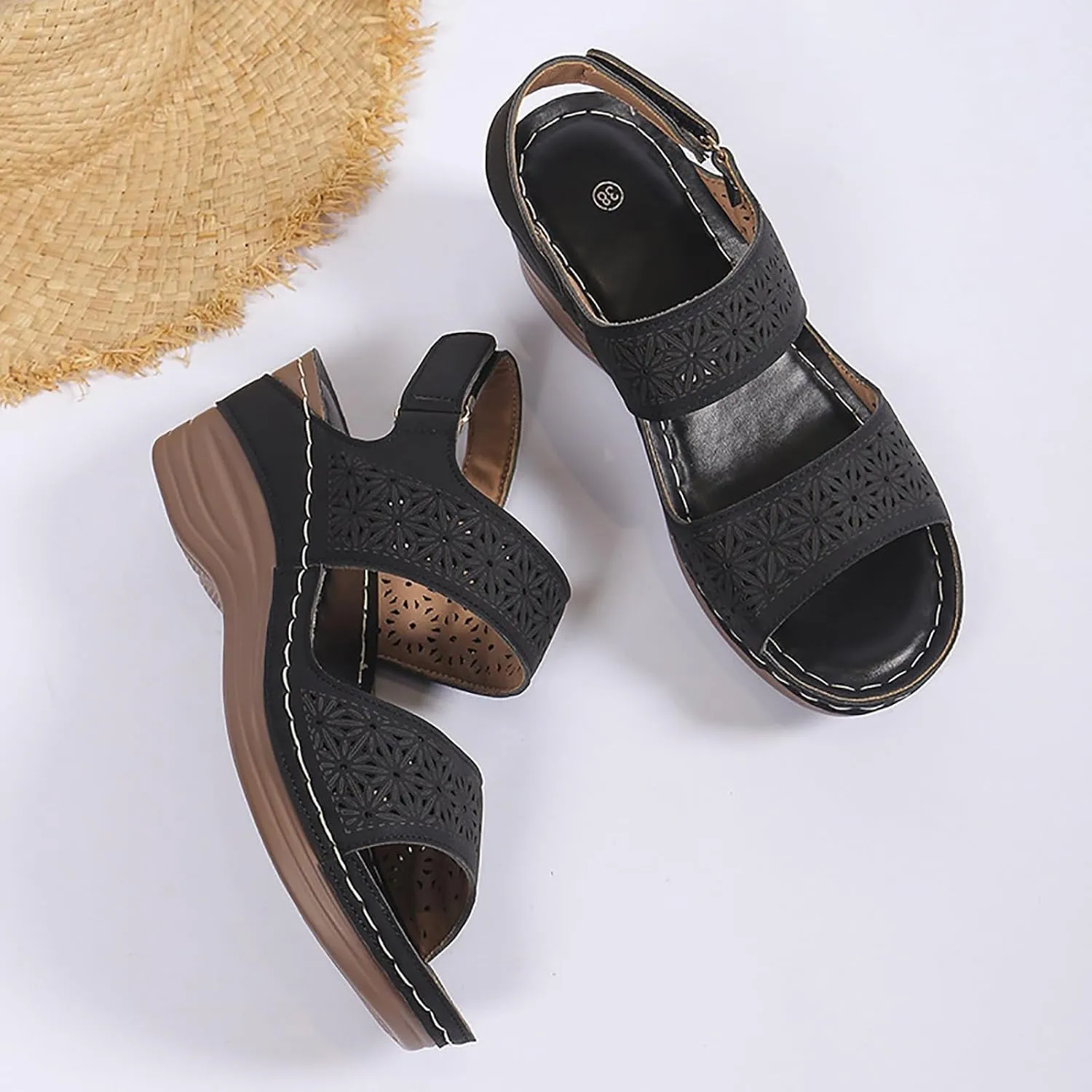 Womens Comfortable Open Toe Crisscross Straps Slip on Wedge Sandals Orthopedic Dressy Walking Casual Beach Low Slingback Sandal Wedges Retro with Adjustable Hook Loop Platform Arch Support