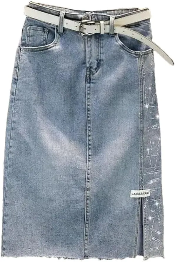 Women's Denim Skirt Hot Drill Midi with Slit Female Jeans Skirts Offer Aesthetic Elegant Skirts